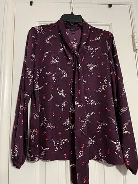 Ann Taylor Tie-Neck Floral Blouse - Plum